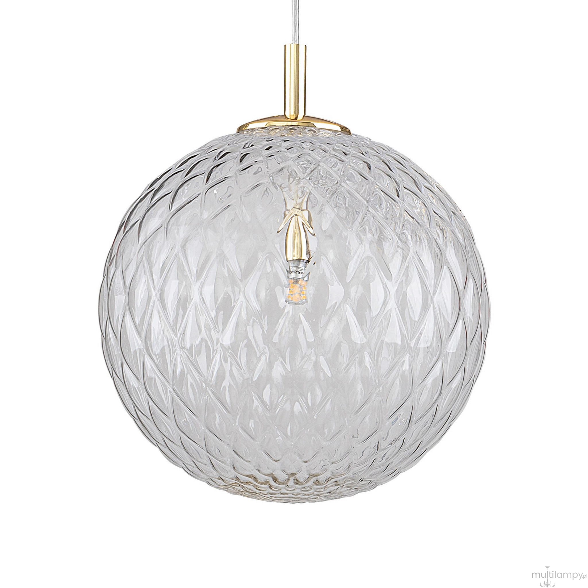 Lampa wisząca Cadix D30 w kształcie szklanej kuli, z przezroczystego szkła z diamentowym wzorem. Złoty uchwyt montażowy. Wisi na cienkim przewodzie, prezentując nowoczesny design. Idealna do aranżacji wnętrz.