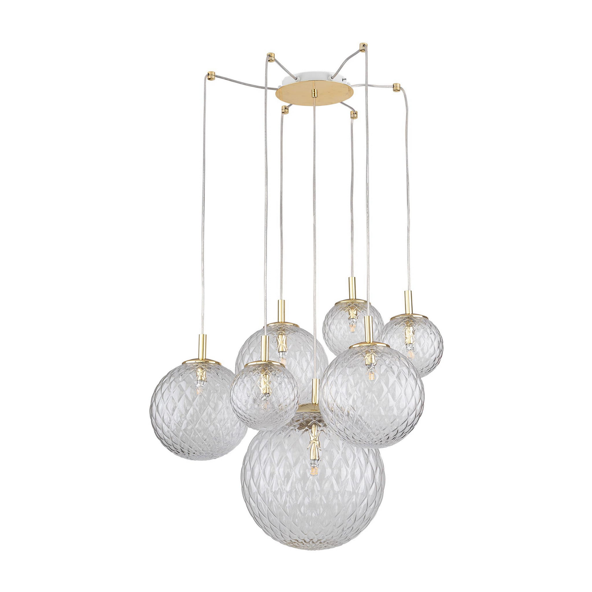 Lampa wisząca Cadix 7-punktowa w złotym wykończeniu z przezroczystymi, szklanymi kloszami w różnych rozmiarach. Klosze mają teksturowaną powierzchnię i są zawieszone na cienkich przewodach. Montaż sufitowy, elegancki design.