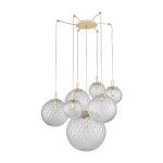 Lampa wisząca Cadix 7-punktowa w złotym wykończeniu z przezroczystymi, szklanymi kloszami w różnych rozmiarach. Klosze mają teksturowaną powierzchnię i są zawieszone na cienkich przewodach. Montaż sufitowy, elegancki design.