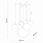 Lampa wisząca Cadix 7-punktowa w kolorze złotym, składająca się z siedmiu okrągłych kloszy umieszczonych na regulowanych kablach. Ujęcie frontalne, widać wymiary: wysokość 1500 mm, szerokość 2000 mm. Elegancka forma idealna do nowoczesnych wnętrz.