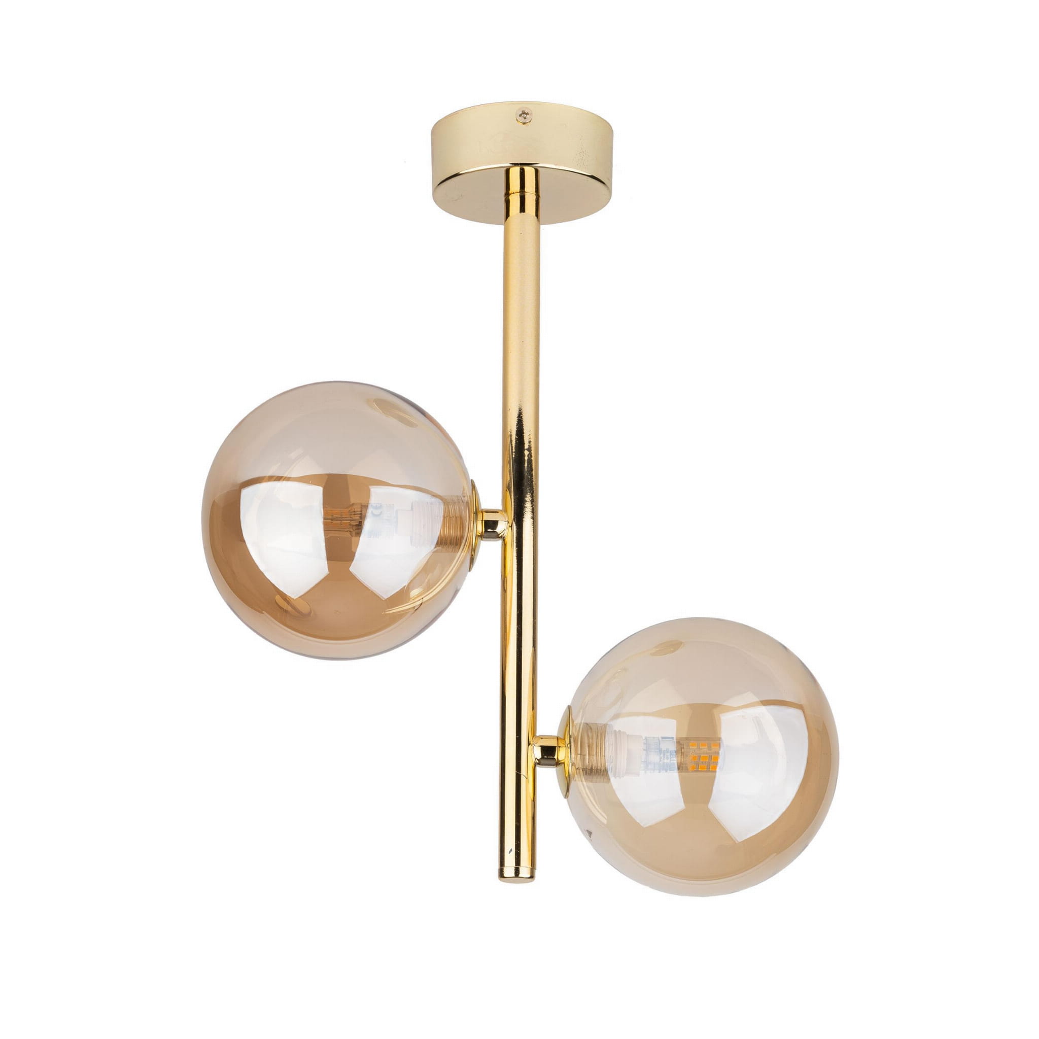 Lampa sufitowa Estera 2-punktowa w kolorze złotym. Posiada dwa przezroczyste klosze w kształcie kul, zawieszone na prostym, złotym stelażu. Ujęcie frontalne, idealne do nowoczesnych wnętrz.