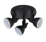 Czarna lampa sufitowa (spot) Focus 3-punktowa z trzech regulowanych reflektorów, zamocowana na okrągłej podstawie. Reflektory mają białe klosze, co podkreśla ich nowoczesny design. Idealna do oświetlenia wnętrz.