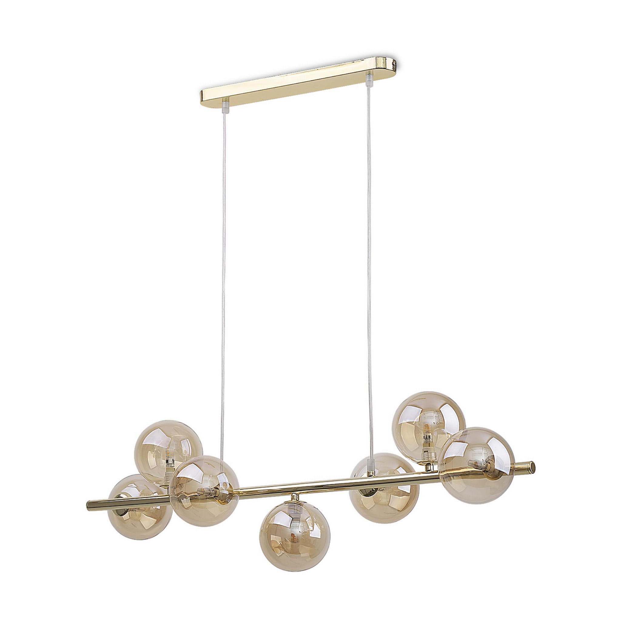 Złota lampa wisząca Estera z siedmioma punktami świetlnymi. Okrągłe, przezroczyste klosze w delikatnym odcieniu brązu, zawieszone na prostokątnym, metalowym stelażu. Lampa wisi na cienkich, białych linkach.