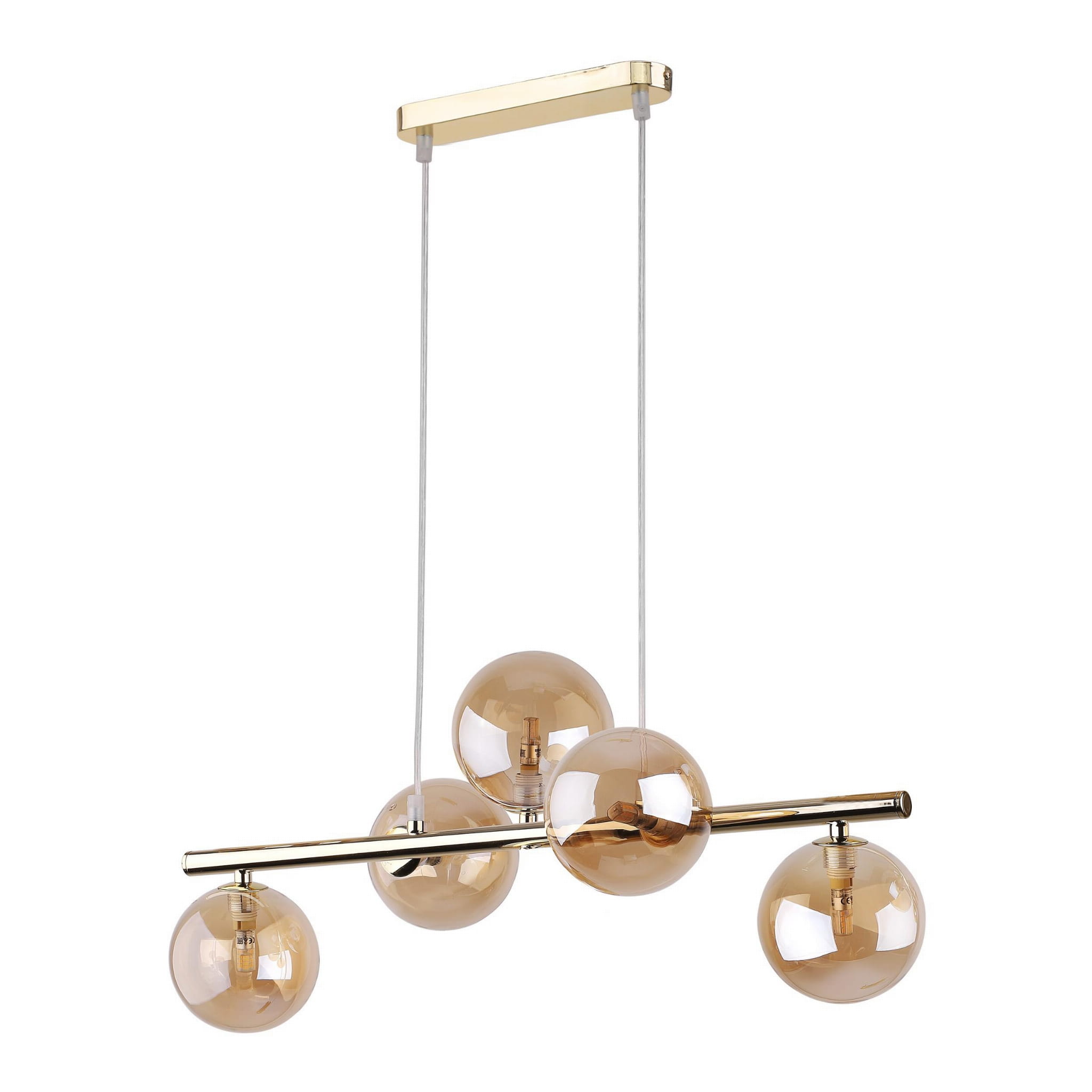 Złota lampa wisząca Estera z pięcioma szklanymi kulami w odcieniu bursztynu. Ujęcie z przodu, zawieszona na cienkich linkach, z prostokątnym, złotym uchwytami. Elegancki design, idealna do nowoczesnych wnętrz.