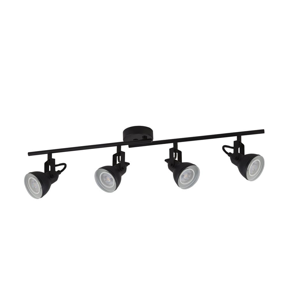 Czarna lampa sufitowa 4-punktowa Focus, z metalowym stelażem i okrągłymi kloszami. Ujęcie frontalne, lampy zamontowane na prostej listwie, każda z możliwością regulacji kierunku światła. Tło jednolite, podkreślające produkt.