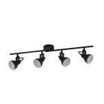 Czarna lampa sufitowa 4-punktowa Focus, z metalowym stelażem i okrągłymi kloszami. Ujęcie frontalne, lampy zamontowane na prostej listwie, każda z możliwością regulacji kierunku światła. Tło jednolite, podkreślające produkt.