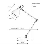 Lampa biurkowa 1-punktowa w kolorze czarnym i stalowym. Wysokość całkowita 62 cm, średnica podstawy 18 cm, długość ramienia 40 cm. Klosz o średnicy 16 cm i wysokości 13 cm, regulowane ramię.