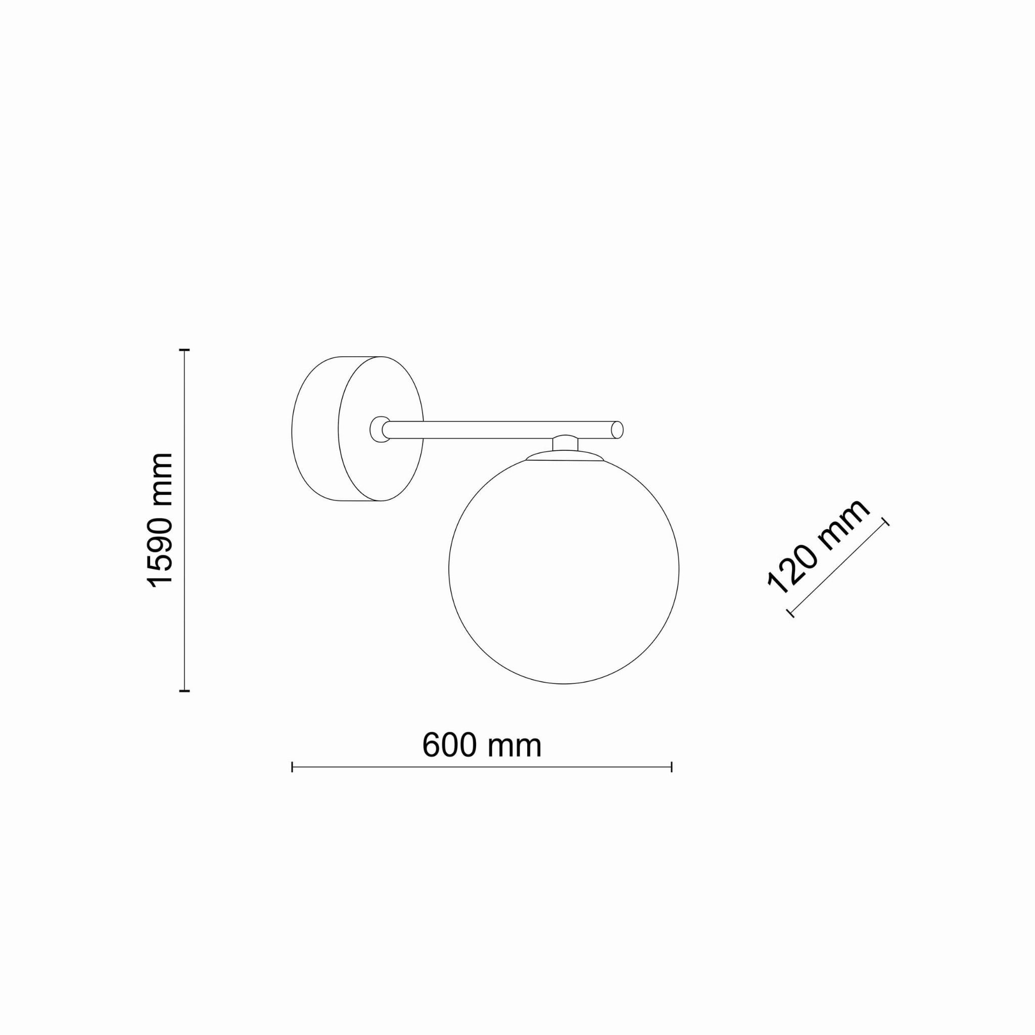 Kinkiet Estera 1-punktowy w kolorze czarnym, z okrągłą, szklaną kloszą o średnicy 120 mm. Zamontowany na prostokątnej podstawie, z metalowym ramieniem o długości 600 mm. Wysokość montażu 1590 mm.