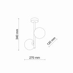Lampa sufitowa Estera 2-punktowa w kolorze czarnym, z dwoma okrągłymi kloszami. Wymiary: wysokość 340 mm, szerokość 270 mm, głębokość 120 mm. Zawieszona na prostym, minimalistycznym stelażu.