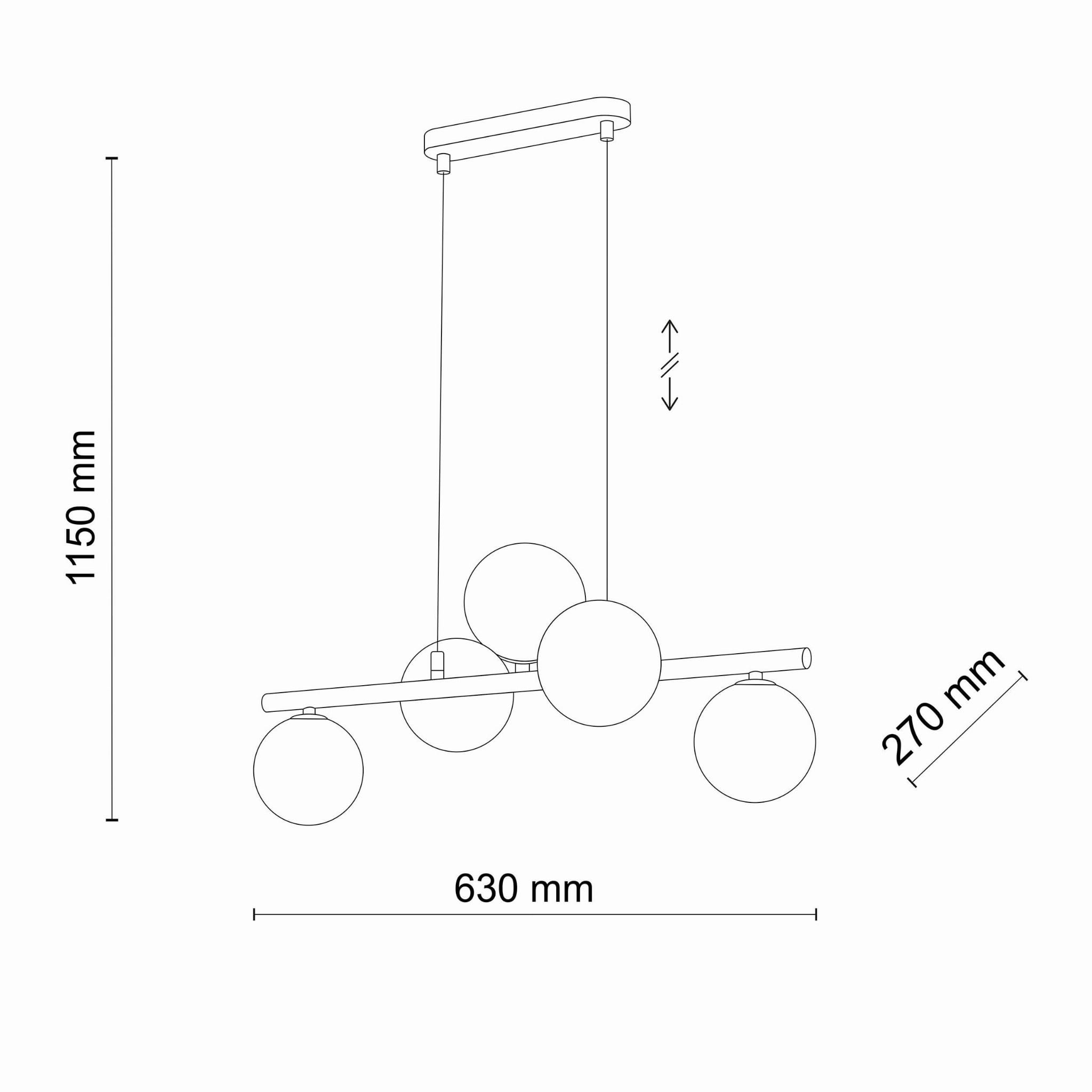 Lampa wisząca Estera 5-punktowa w kolorze czarnym, z pięcioma okrągłymi kloszami, zawieszona na długich linkach. Wymiary: wysokość 1150 mm, szerokość 630 mm, głębokość 270 mm. Prosty, nowoczesny design, odpowiednia do różnych wnętrz.
