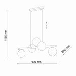 Lampa wisząca Estera 5-punktowa w kolorze czarnym, z pięcioma okrągłymi kloszami, zawieszona na długich linkach. Wymiary: wysokość 1150 mm, szerokość 630 mm, głębokość 270 mm. Prosty, nowoczesny design, odpowiednia do różnych wnętrz.