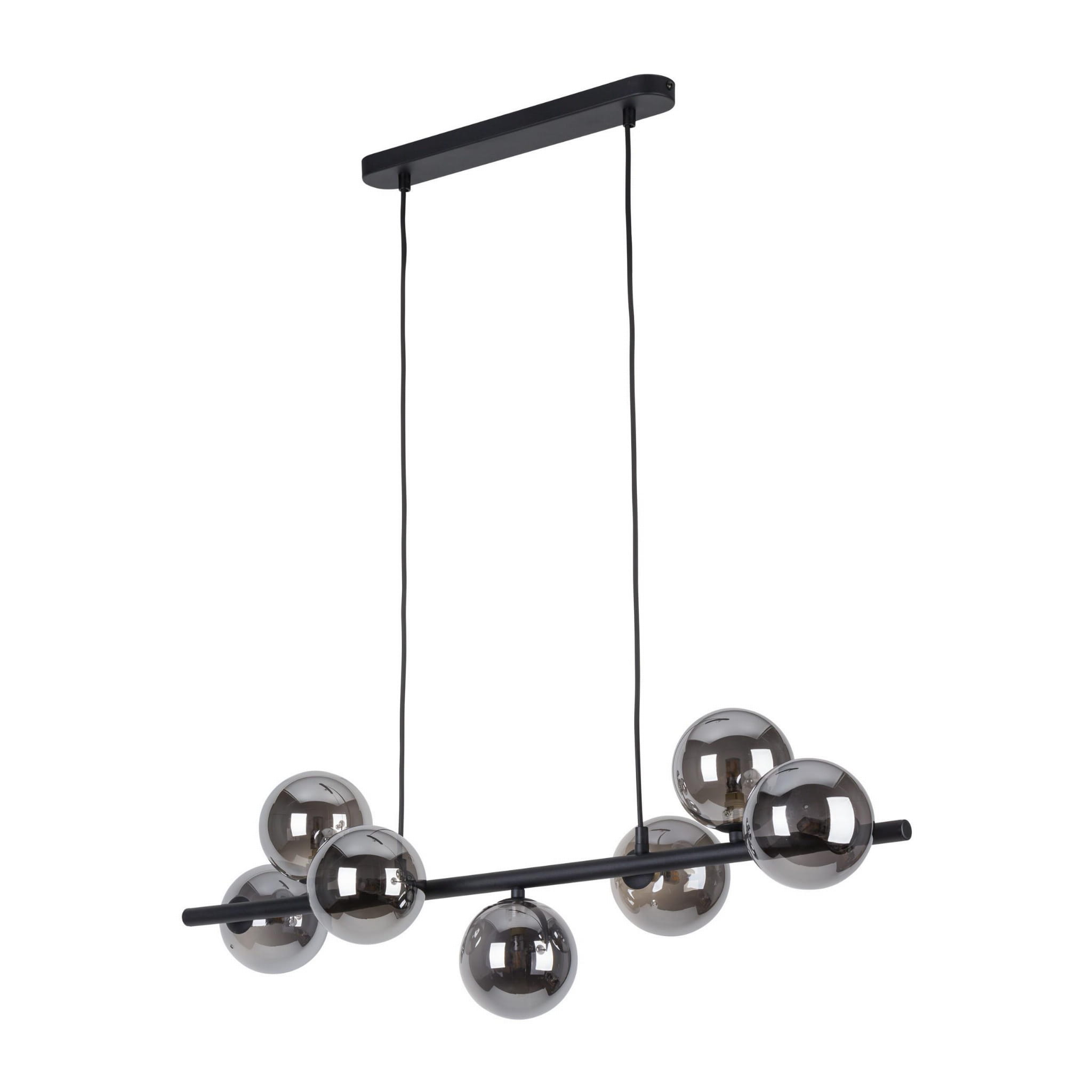Lampa wisząca Estera, 7-punktowa, w kolorze czarnym, z siedmioma lustrzanymi kulami na poziomej belce. Produkt zawieszony na dwóch cienkich przewodach, z prostokątnym mocowaniem sufitowym. elegancki design, idealna do nowoczesnych wnętrz.