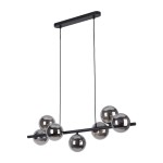 Lampa wisząca Estera, 7-punktowa, w kolorze czarnym, z siedmioma lustrzanymi kulami na poziomej belce. Produkt zawieszony na dwóch cienkich przewodach, z prostokątnym mocowaniem sufitowym. elegancki design, idealna do nowoczesnych wnętrz.