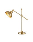 Lampa stołowa Grimstad 1-punktowa w złotym kolorze, z regulowanym ramieniem i kloszem. Ujęcie z boku, na stabilnej podstawie. Metalowa konstrukcja z błyszczącym wykończeniem, idealna do biura lub salonu.