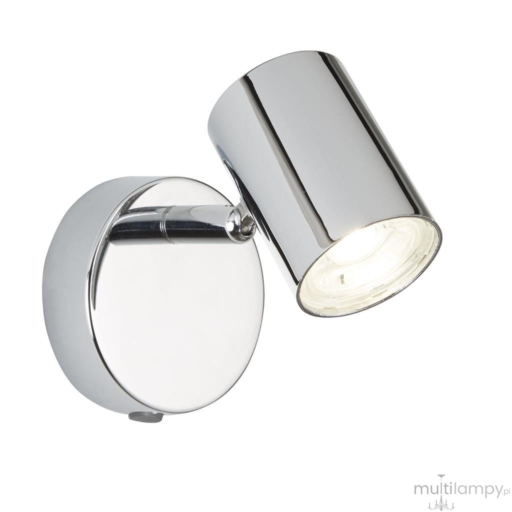 Kinkiet Rollo LED 1-punktowy w chromowanej obudowie, z okrągłą podstawą i regulowanym, cylindrycznym kloszem, emitującym światło. Produkt zamontowany na ścianie, widoczny z boku, z unikalnym błyszczącym wykończeniem.