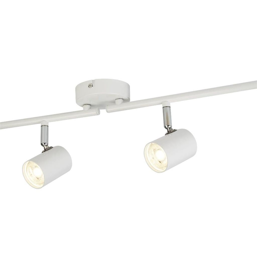 Biała lampa sufitowa Rollo LED z czterema punktami świetlnymi, zamontowana na okrągłej podstawie. Widać dwa cylindryczne reflektory z metalowymi elementami, ustawione na białym, prostym tle.
