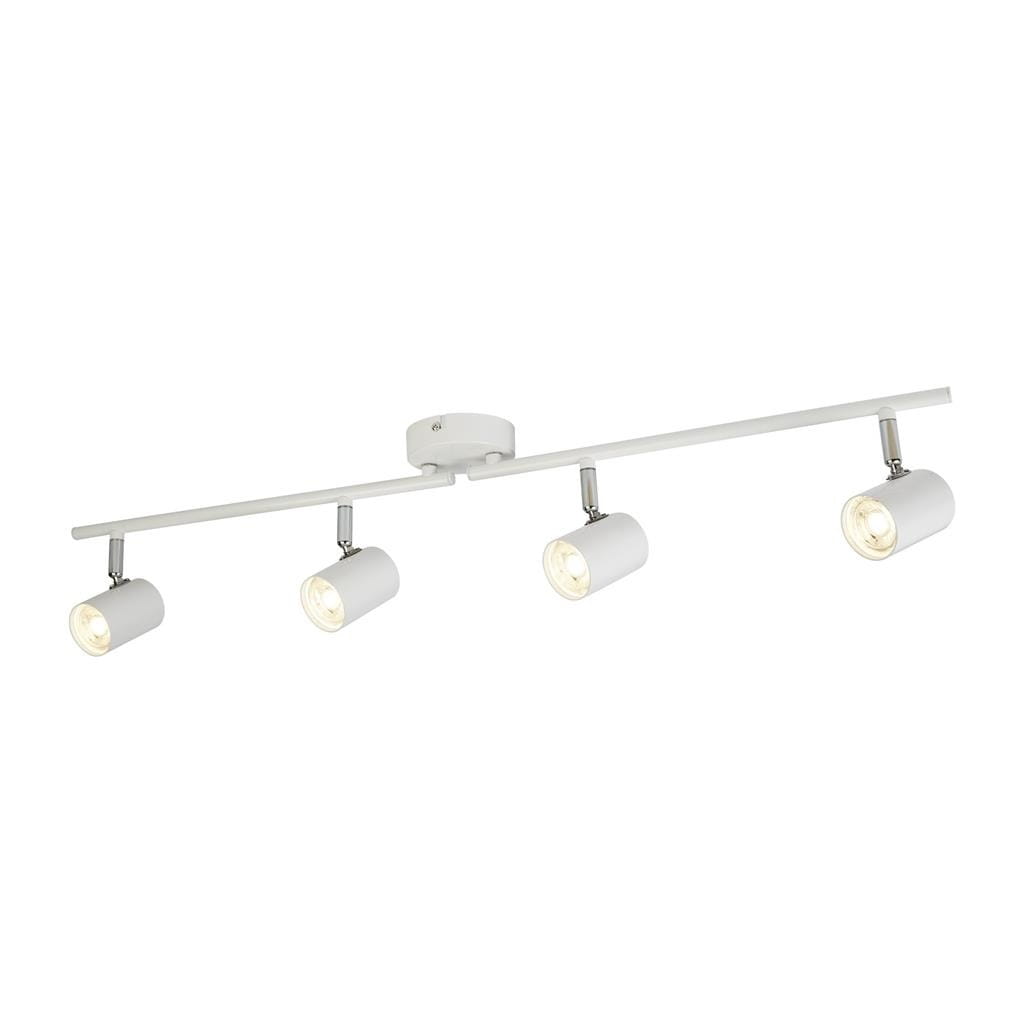 Czteropunktowa lampa sufitowa Rollo LED w kolorze białym, z cylindrycznymi reflektorami na metalowym stelażu. Ujęcie frontalne, produkt montowany na suficie, idealny do oświetlenia wnętrz.