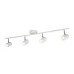 Czteropunktowa lampa sufitowa Rollo LED w kolorze białym, z cylindrycznymi reflektorami na metalowym stelażu. Ujęcie frontalne, produkt montowany na suficie, idealny do oświetlenia wnętrz.