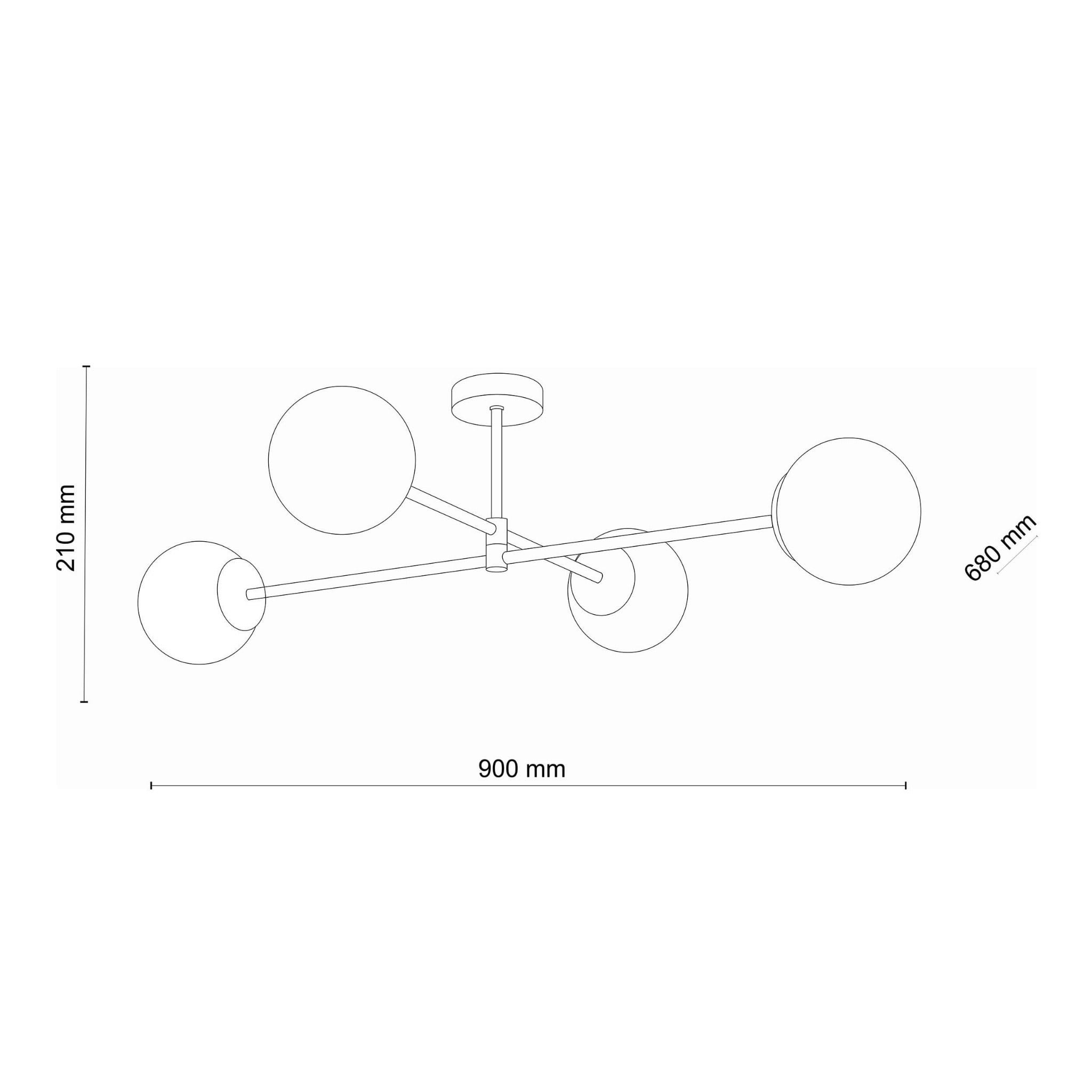 Czarna lampa sufitowa 4-punktowa Sarius z okrągłymi kloszami. Wymiary: 900 mm szerokości, 680 mm wysokości, 210 mm głębokości. Klosze umieszczone na cienkich ramionach, montaż sufitowy. Prosty, nowoczesny design.
