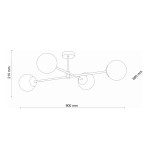Czarna lampa sufitowa 4-punktowa Sarius z okrągłymi kloszami. Wymiary: 900 mm szerokości, 680 mm wysokości, 210 mm głębokości. Klosze umieszczone na cienkich ramionach, montaż sufitowy. Prosty, nowoczesny design.