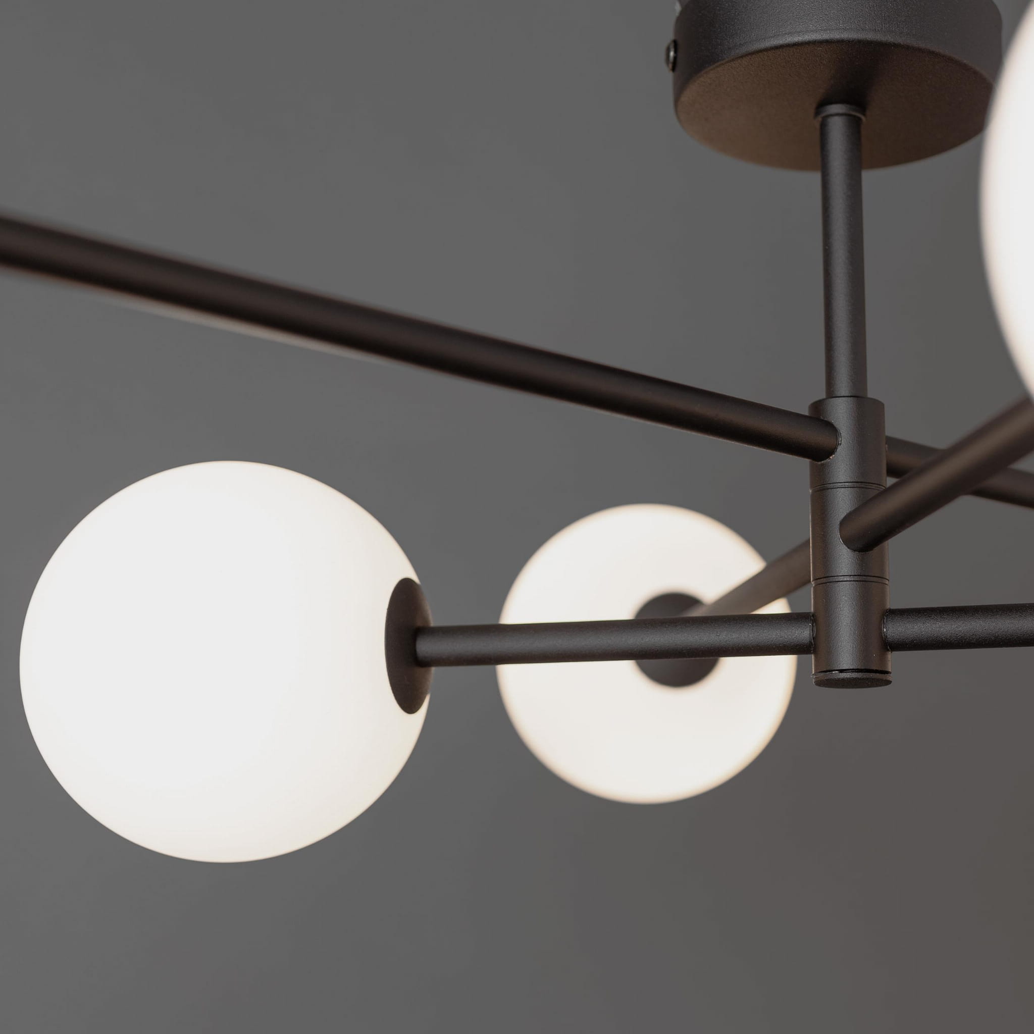 Lampa sufitowa Sarius, czarna, 6-punktowa. Konstrukcja z metalowymi ramionami w kolorze czarnym, z białymi, okrągłymi kloszami. Ujęcie z bliska, ukazujące detale mocowania i kształt kloszy. Tło szare, proste.