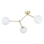 Lampa sufitowa Fairy 3-punktowa w kolorze złotym, z trzema białymi, okrągłymi kloszami z matowego szkła, zamocowana na złotej ramie w kształcie rozgałęzienia. Produkt widoczny z dołu, w układzie przestrzennym.