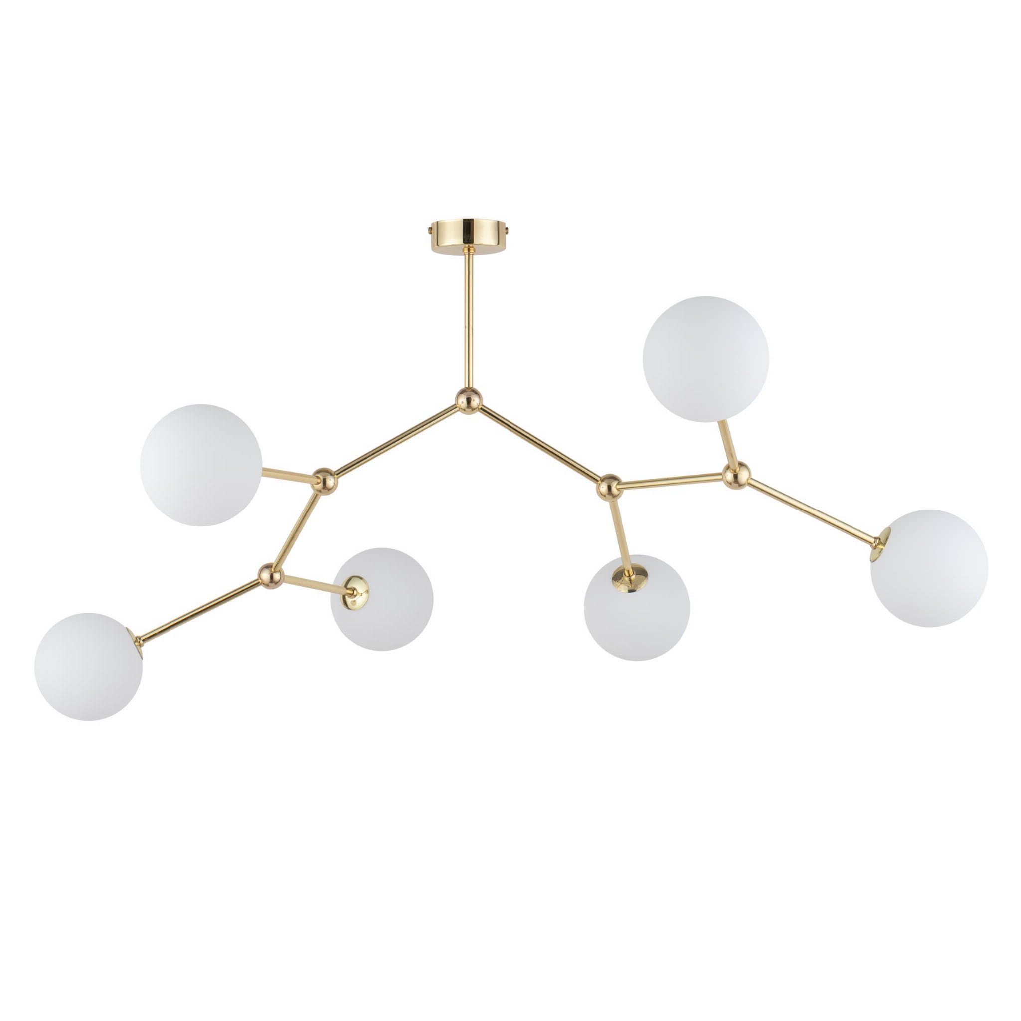 Lampa sufitowa Fairy 6-punktowa w kolorze złotym z sześcioma matowymi, białymi kulami. Produkt zawieszony na centralnym mocowaniu, z rozłożonymi ramionami. Stylowy design idealny do nowoczesnych wnętrz.