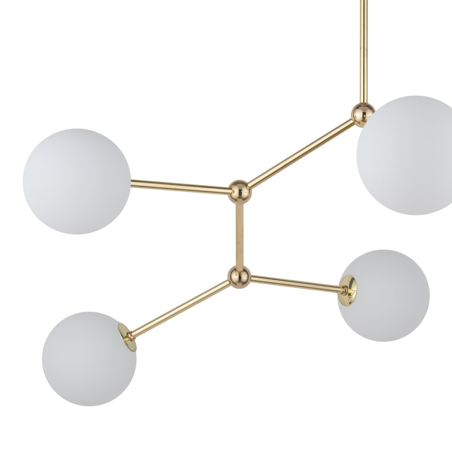 Lampa sufitowa Fairy 6-punktowa w kolorze złotym z białymi, okrągłymi kloszami z matowego szkła. Produkt zawieszony, widoczny z góry, pokazujący połączenia metalowe i kształt ramy.