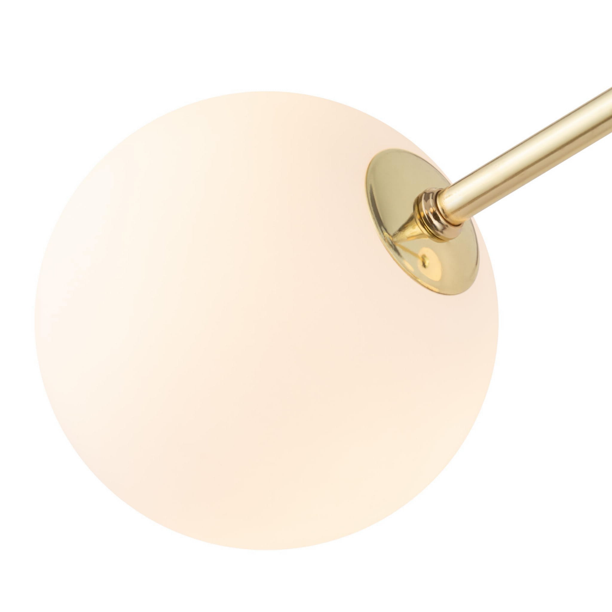 Lampa sufitowa Fairy 6-punktowa w kolorze złotym, z białymi, okrągłymi kloszami. Widok z góry, ukazujący złoty uchwyt mocujący oraz gładką powierzchnię klosza. Idealna do nowoczesnych wnętrz, oferująca eleganckie oświetlenie.