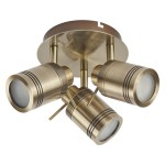 Lampa sufitowa Samson IP44 w antycznym mosiądzu, 3-punktowa. Posiada trzy ruchome reflektory z mlecznymi kloszami i dekoracyjnymi czarnymi paskami. Ujęcie frontalne, zamontowana na okrągłej podstawie. Idealna do oświetlenia wnętrz.