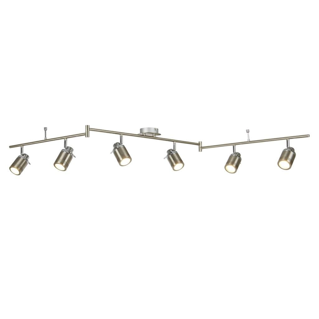 Lampa sufitowa Samson IP44, 6-punktowa w satynowym srebrze. Ułożona poziomo, z sześcioma punktami świetlnymi w metalowych kloszach. Montaż sufitowy, nowoczesny design, idealna do oświetlenia wewnętrznego.