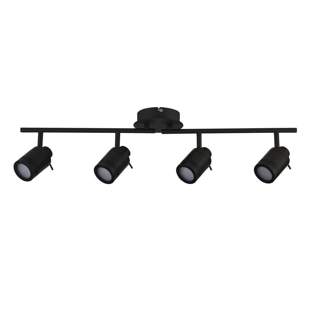 Czarna lampa sufitowa Samson IP44, 4-punktowa, z metalowym stelażem. Cztery reflektory umieszczone na poziomej listwie, z możliwością regulacji kąta. Prosta konstrukcja, idealna do oświetlenia wnętrz. Montaż na suficie.