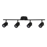 Czarna lampa sufitowa Samson IP44, 4-punktowa, z metalowym stelażem. Cztery reflektory umieszczone na poziomej listwie, z możliwością regulacji kąta. Prosta konstrukcja, idealna do oświetlenia wnętrz. Montaż na suficie.