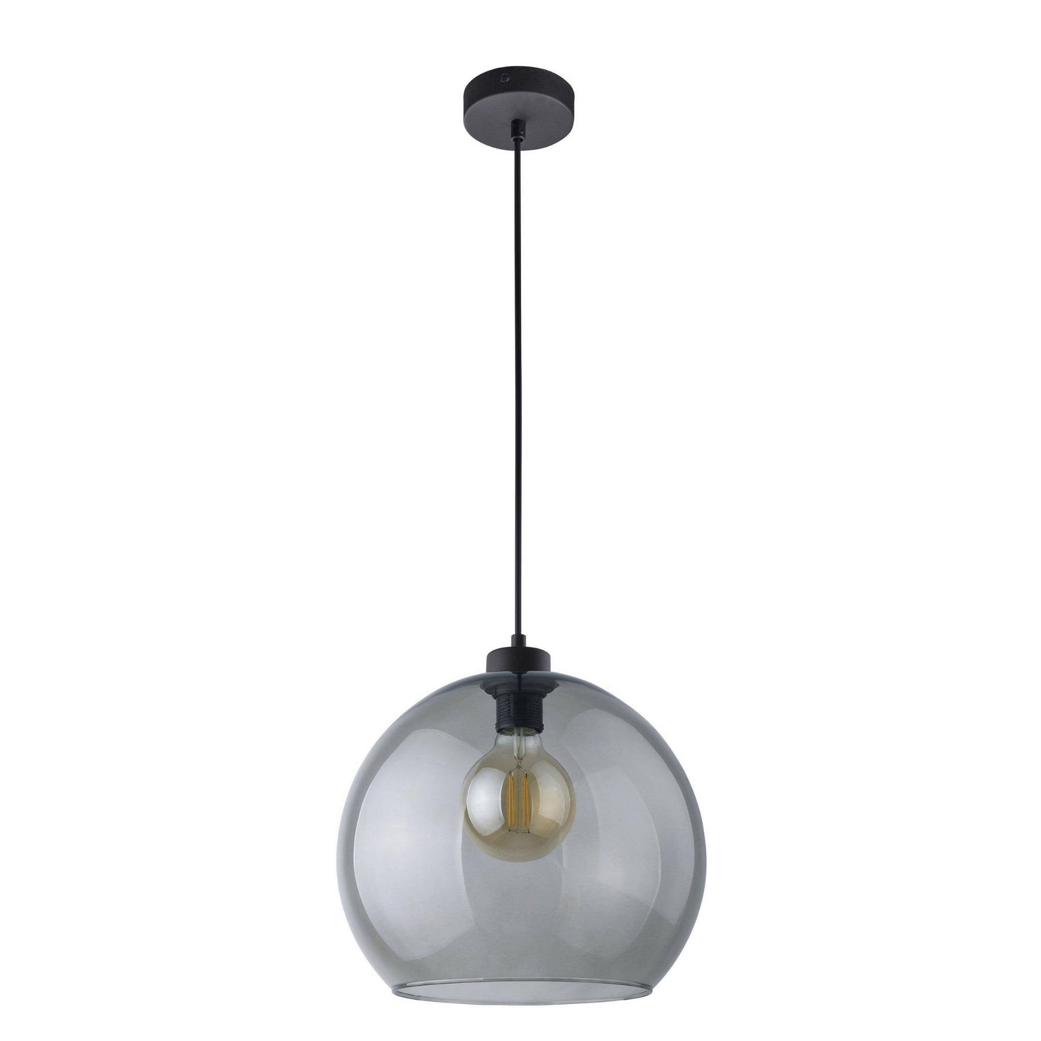 Lampa wisząca Cubus Graphite 1-punktowa, z kulistym kloszem w ciemnoszarym kolorze, zawieszona na cienkim czarnym przewodzie. Widoczna żarówka w środku. Stworzona do nowoczesnych wnętrz.