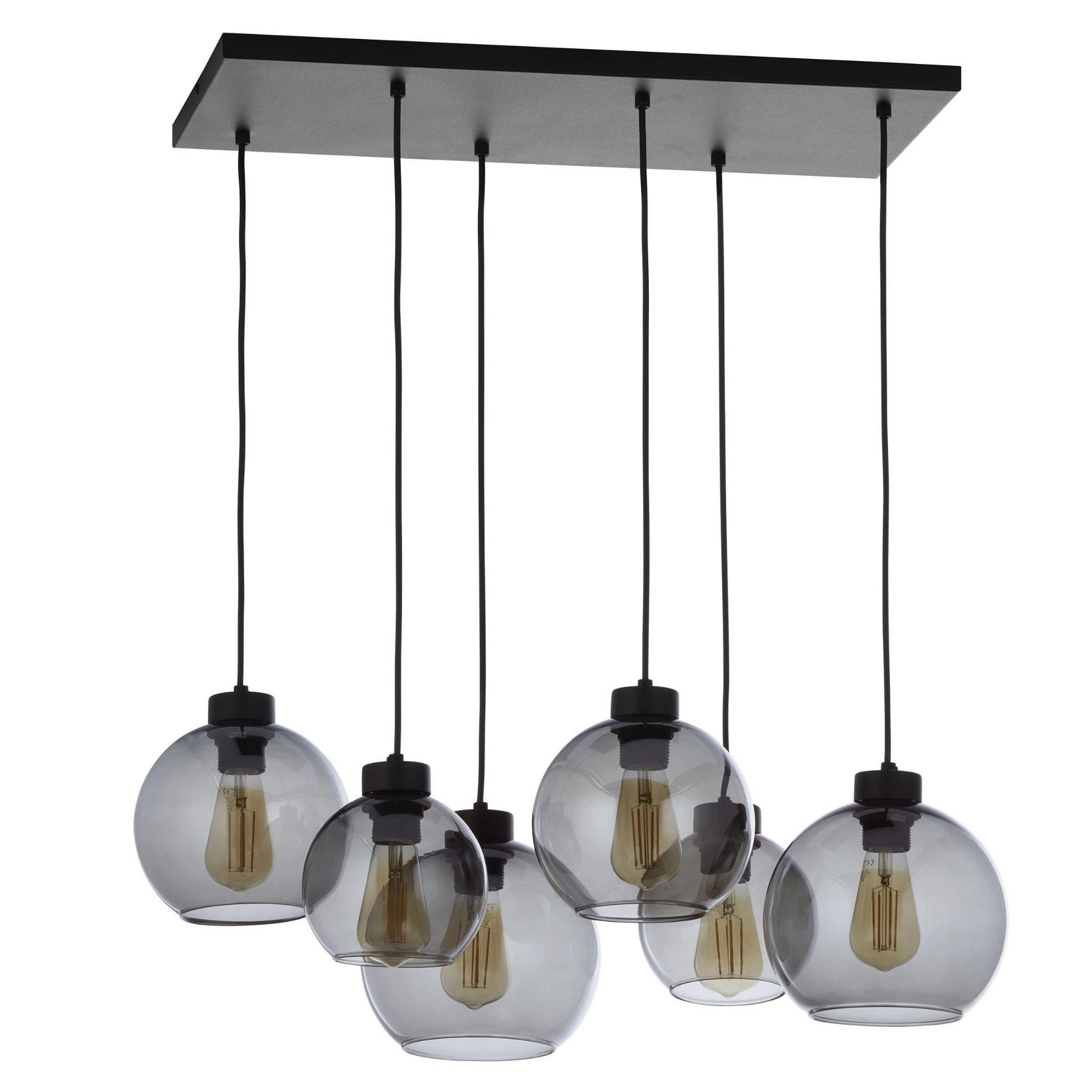 Lampa wisząca Cubus Graphite z sześcioma punktami świetlnymi, z metalowym, czarnym stelażem. Każda kula lampy wykonana z przezroczystego, szarego szkła, z widocznymi żarówkami. Produkt zwisający z sufitu na długich, czarnych przewodach.