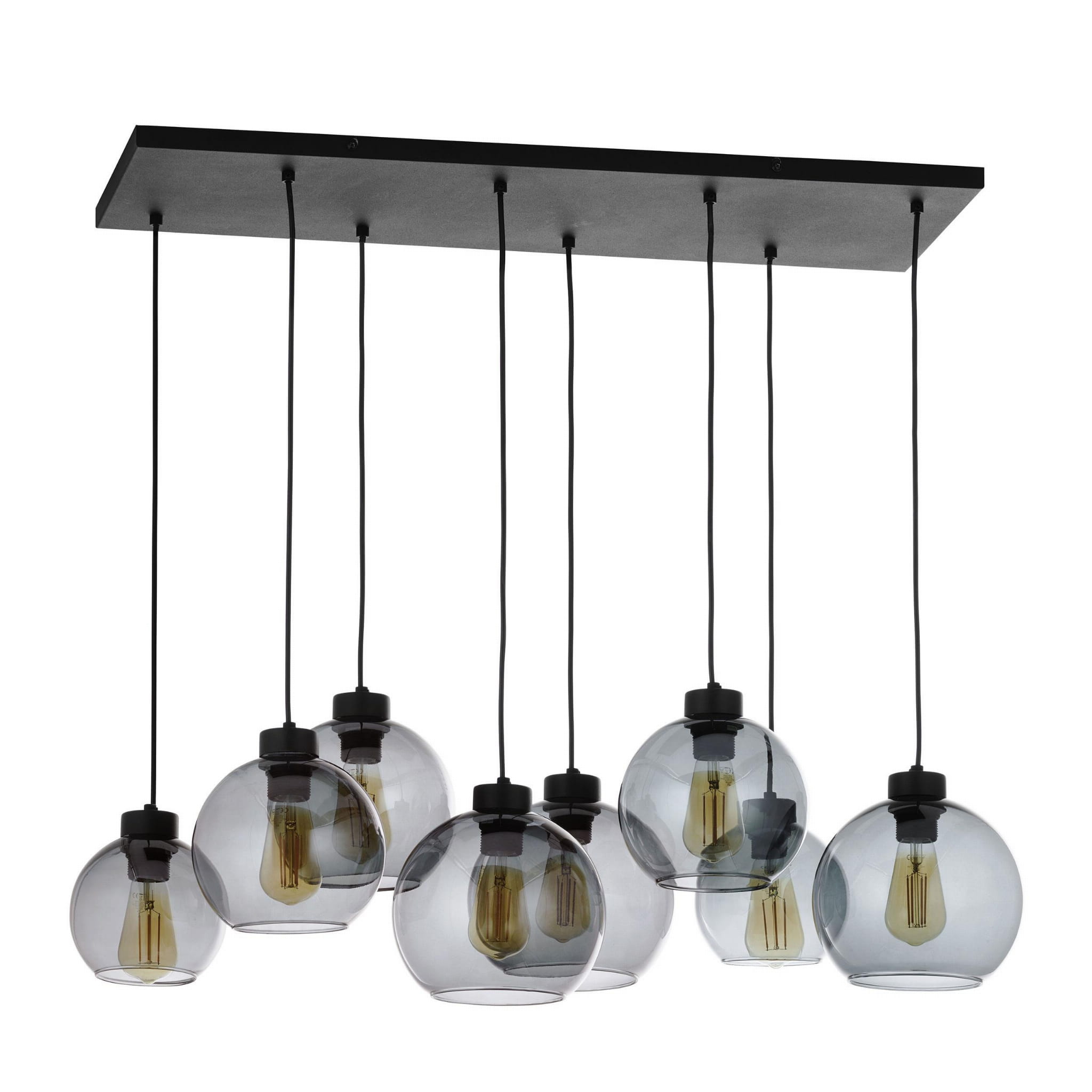 Lampa wisząca Cubus Graphite 8-punktowa, z czarnym, prostokątnym stelażem i ośmioma szklanymi kloszami w kształcie kul, w odcieniu przezroczystym. Klosze zawierają widoczne żarówki w stylu retro, zawieszone na cienkich, czarnych przewodach.