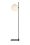 Lampa podłogowa Dione 1-punktowa w kolorze czarnym i białym. Posiada okrągły klosz w odcieniu białym, metalową, smukłą nogę w kolorze czarnym oraz okrągłą podstawę. Ujęcie frontalne, stojąca na jednolitym tle.