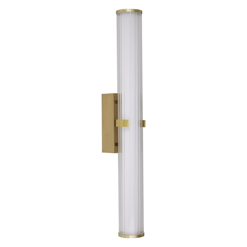 Złoty kinkiet Clamp LED IP44 z przezroczystą, pionową obudową, zamontowany na prostokątnej, złotej podstawie. Wysoka, cylindryczna forma z żłobieniami, idealna do nowoczesnych wnętrz. Ujęcie frontalne, na białym tle.