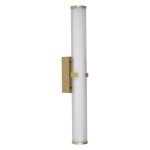 Złoty kinkiet Clamp LED IP44 z przezroczystą, pionową obudową, zamontowany na prostokątnej, złotej podstawie. Wysoka, cylindryczna forma z żłobieniami, idealna do nowoczesnych wnętrz. Ujęcie frontalne, na białym tle.