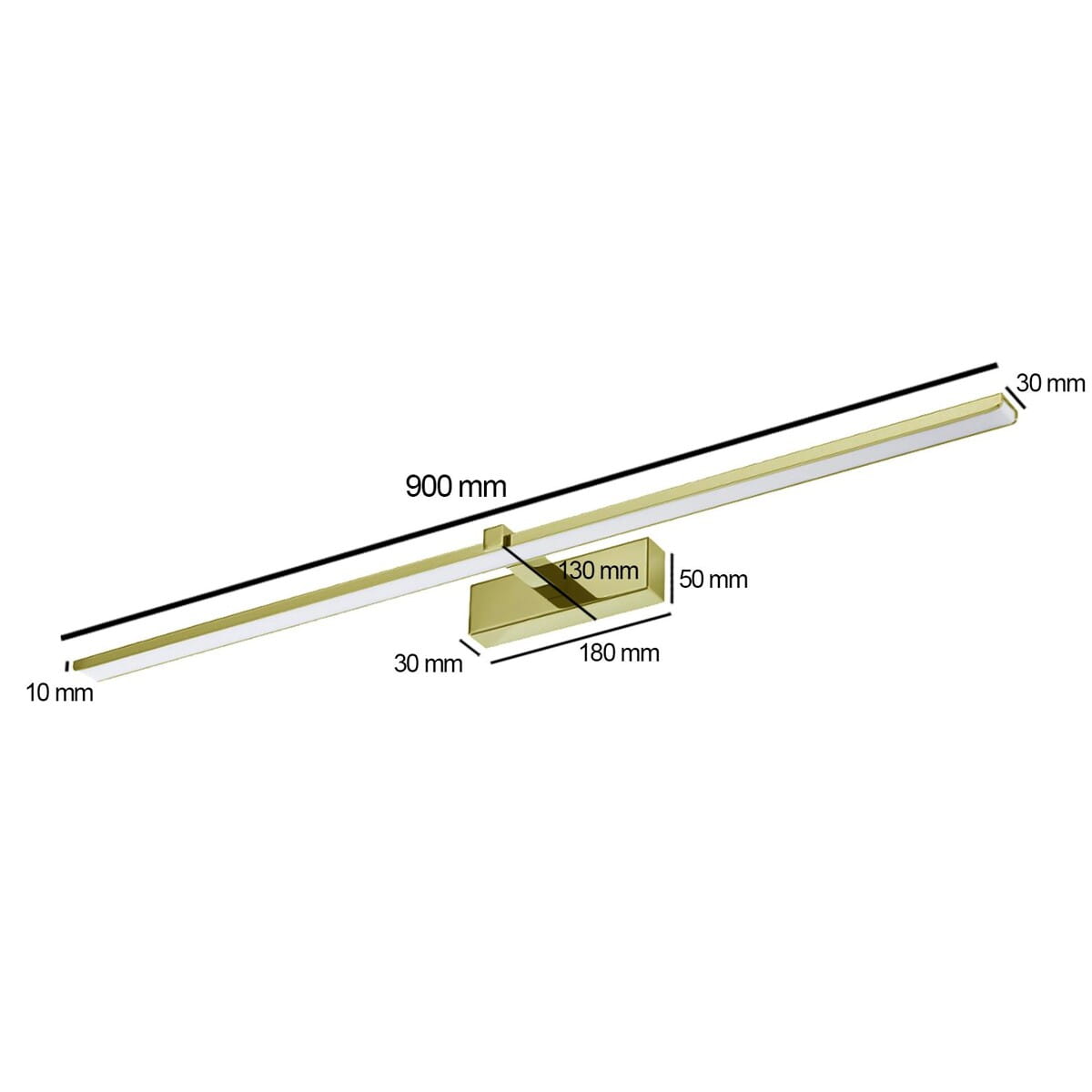 Venus LED IP44 kinkiet łazienkowy w kolorze złotym, o wymiarach 900 mm długości, 30 mm szerokości i 10 mm wysokości. Posiada prostokątną podstawę o wymiarach 180 mm na 130 mm, idealny do oświetlenia obrazów lub jako oświetlenie łazienkowe.