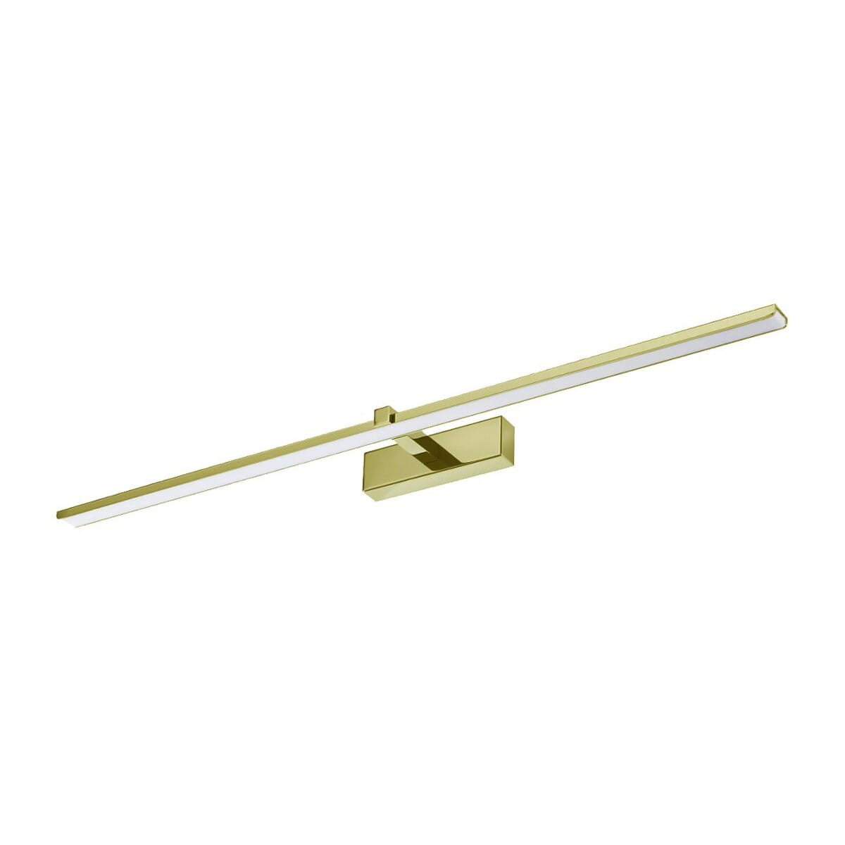 Złoty kinkiet łazienkowy Venus LED IP44 o długości 90 cm i mocy 18W. Prosta, smukła forma z prostokątną podstawą i wbudowanym źródłem światła LED, w kolorze złotym, idealny do oświetlenia lustra lub obrazu.