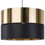 Lampa wisząca Hilton 1-punktowa, z okrągłym kloszem w kolorze czarnym i błyszczącej złotej dekoracji. Ujęcie z dołu, pokazujące górną część lampy oraz wewnętrzną złotą powłokę. Klosz wykonany z metalu, o prostej, nowoczesnej formie.