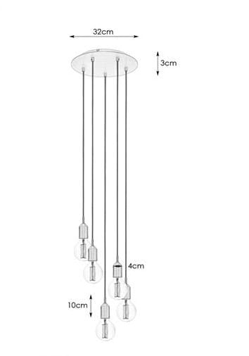 Brązowa lampa wisząca Bronx z pięcioma punktami świetlnymi. Długość kabli: 10 cm, 4 cm, 10 cm. Okrągła podstawa o średnicy 32 cm, wysokość 3 cm. Prosta konstrukcja, idealna do nowoczesnych wnętrz.