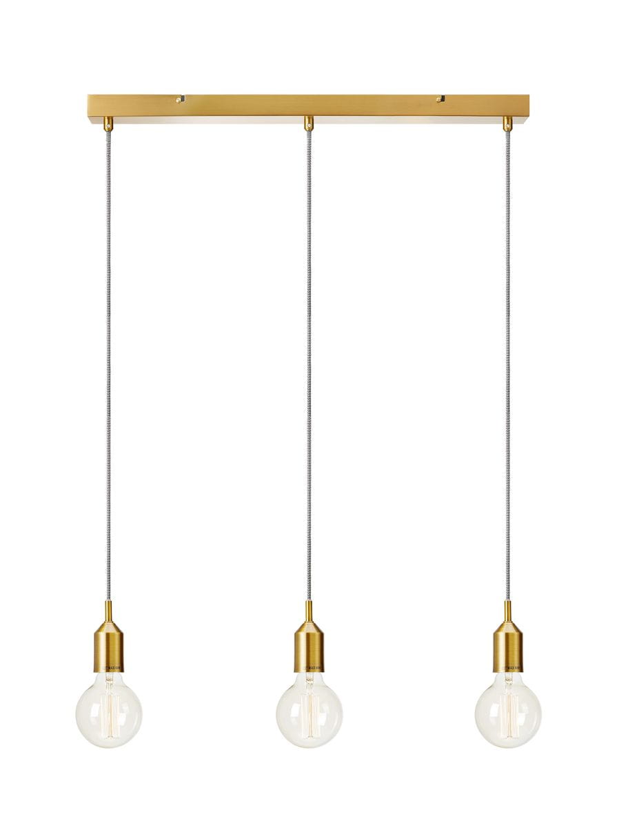 Brązowa lampa wisząca Bronx z trzema punktami świetlnymi, zawieszona na metalowej, prostokątnej podstawie. Kable w kolorze srebrnym prowadzą do okrągłych żarówek. Lampa ma minimalistyczny design, odpowiednia do nowoczesnych wnętrz.