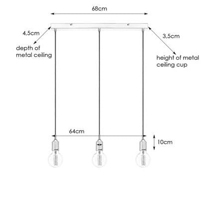 Lampa wisząca Bronx 3-punktowa w kolorze brązowym. Wymiary: 68 cm szerokości, 64 cm między punktami, 4,5 cm głębokości. Posiada trzy metalowe uchwyty na żarówki, zawieszone na czarnych linkach, z metalowym stropem na górze.