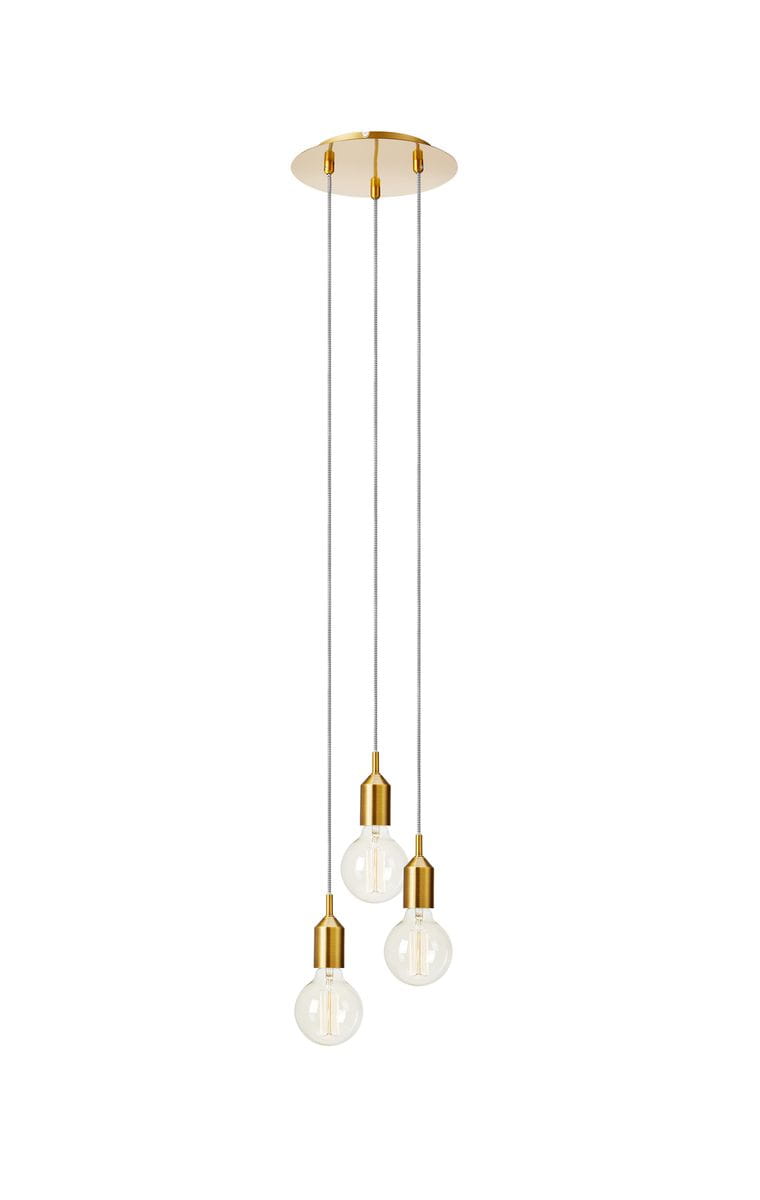 Bronx lampa wisząca 3-punktowa w kolorze brązowym, z trzema szklanymi kloszami w kształcie kul, zawieszona na cienkich żyłkach. Klosze mają złote mocowania, lampa zamontowana na okrągłej podstawie. Prosty, nowoczesny design, idealna do różnych wnętrz.