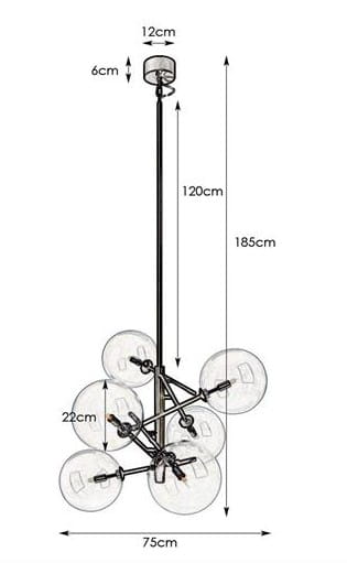 Czarna lampa wisząca Andrew z sześcioma przezroczystymi kloszami, o wymiarach 75 cm szerokości i 185 cm wysokości. Klosze o średnicy 22 cm, zawieszone na długim, cienkim ramieniu. Prosta konstrukcja, idealna do nowoczesnych wnętrz.