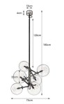Czarna lampa wisząca Andrew z sześcioma przezroczystymi kloszami, o wymiarach 75 cm szerokości i 185 cm wysokości. Klosze o średnicy 22 cm, zawieszone na długim, cienkim ramieniu. Prosta konstrukcja, idealna do nowoczesnych wnętrz.