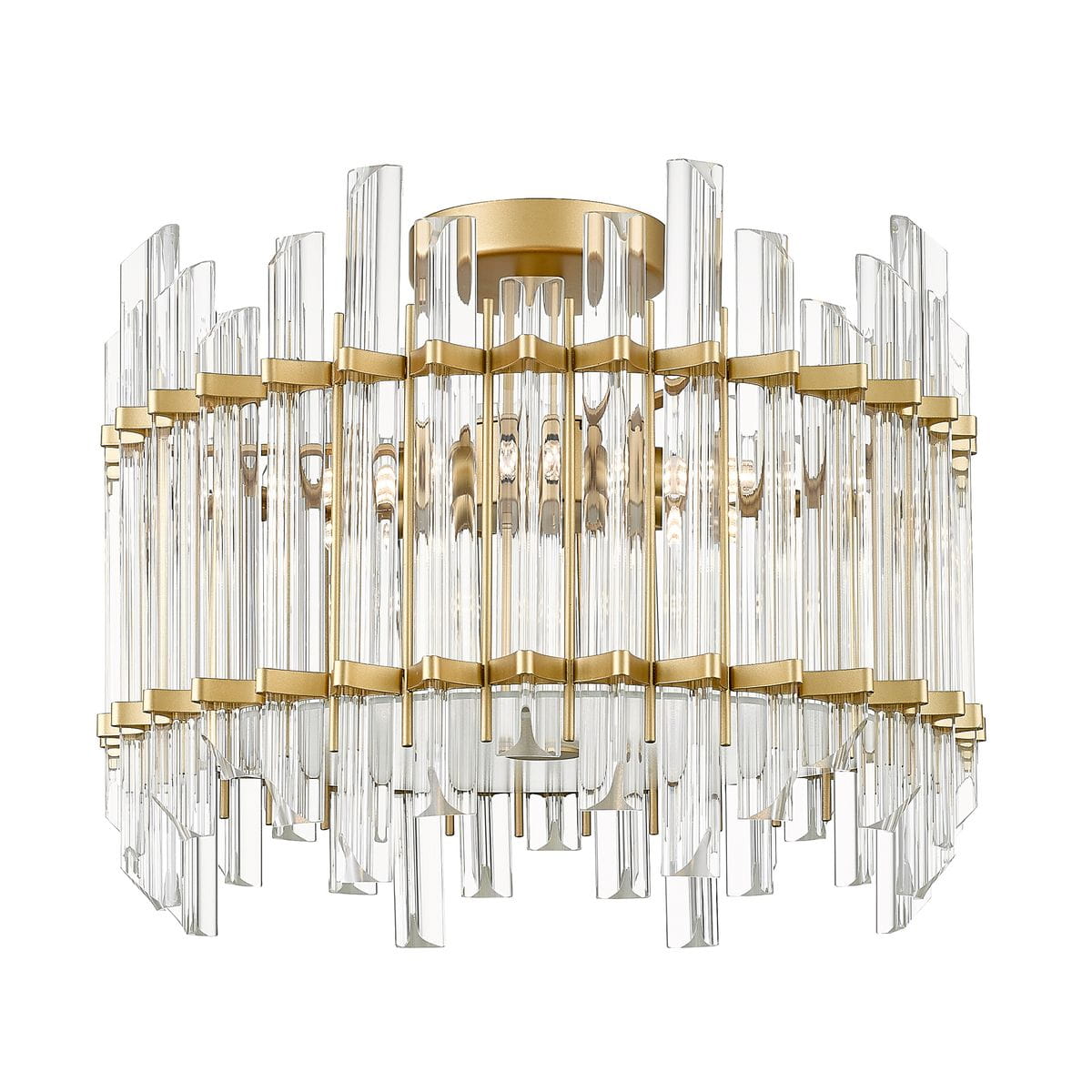 Lampa sufitowa 6-punktowa Alexandria w złotym wykończeniu, z przezroczystymi, prostokątnymi elementami szklanymi. Ujęcie z góry pokazuje okrągłą podstawę i dekoracyjne detale. Idealna do nowoczesnych wnętrz.