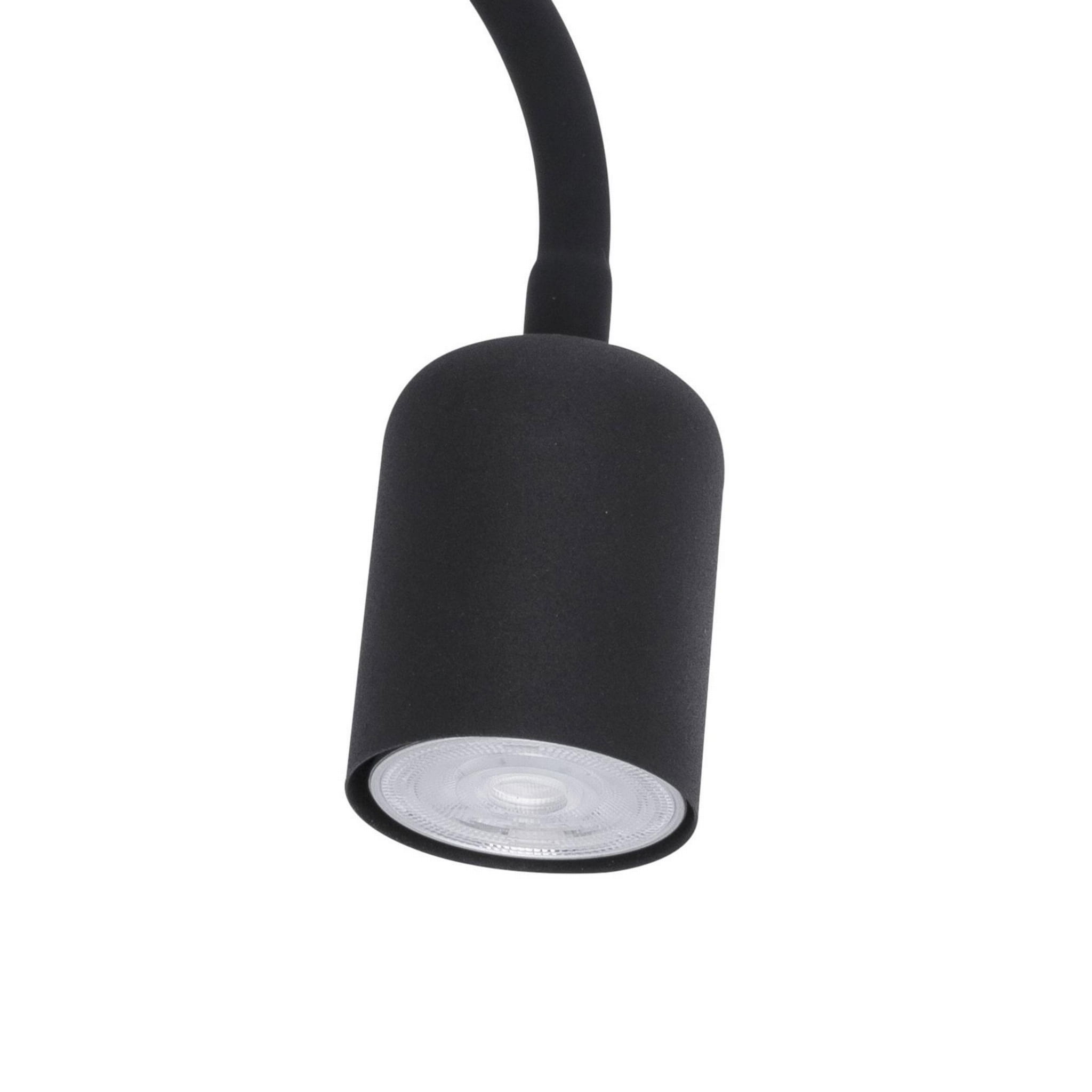 Kinkiet Maja 2-punktowy w kolorze czarnym, z cylindrycznym kloszem i elastycznym ramieniem. Widok z boku, podkreślający minimalistyczny design i metaliczną teksturę. Klosz z przezroczystym dnem, umożliwiający emisję światła.